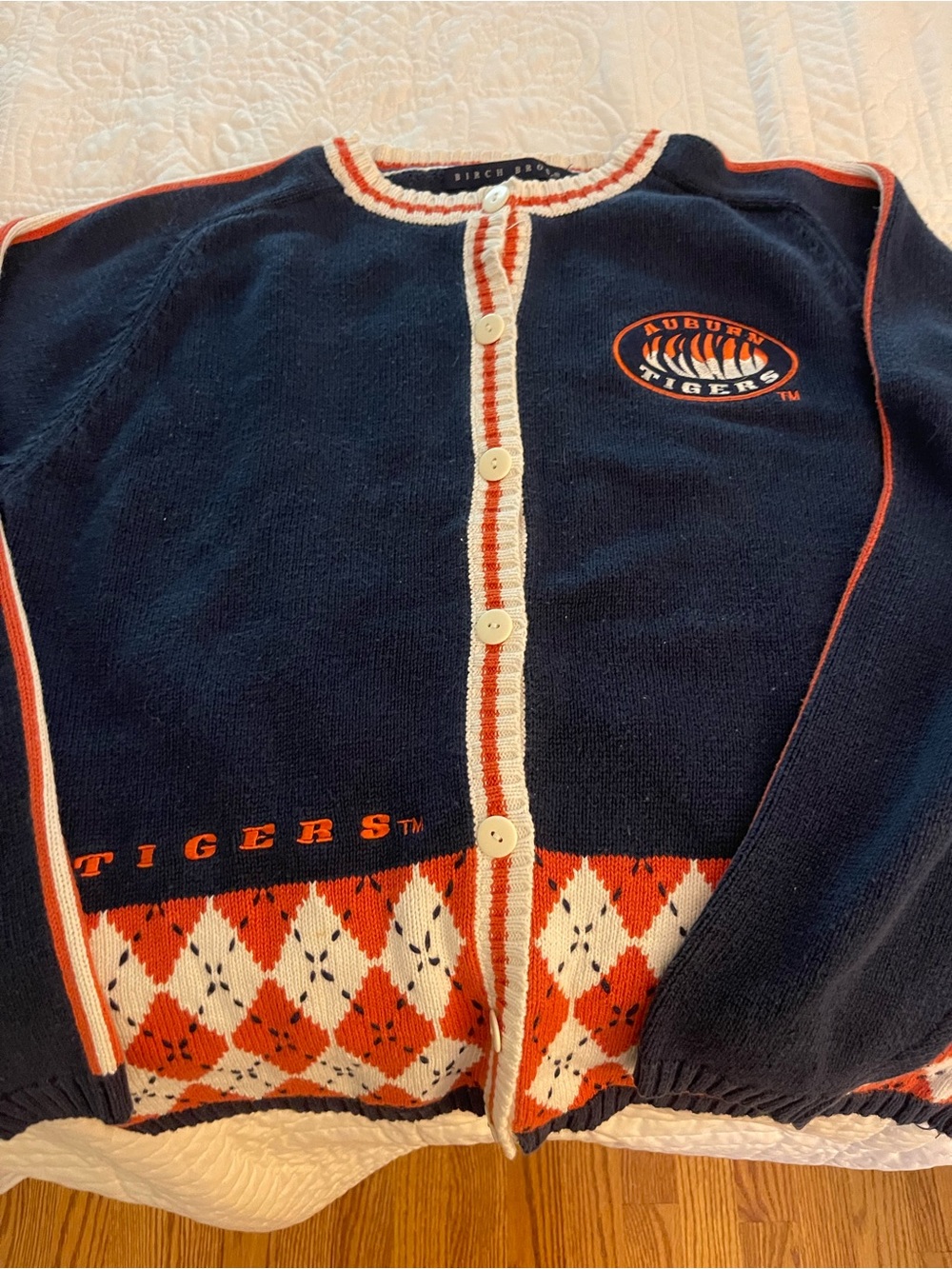 Vintage 90s Auburn Tigers Birch Bros Knit Cardigan Sweater Argyle Navy Orange